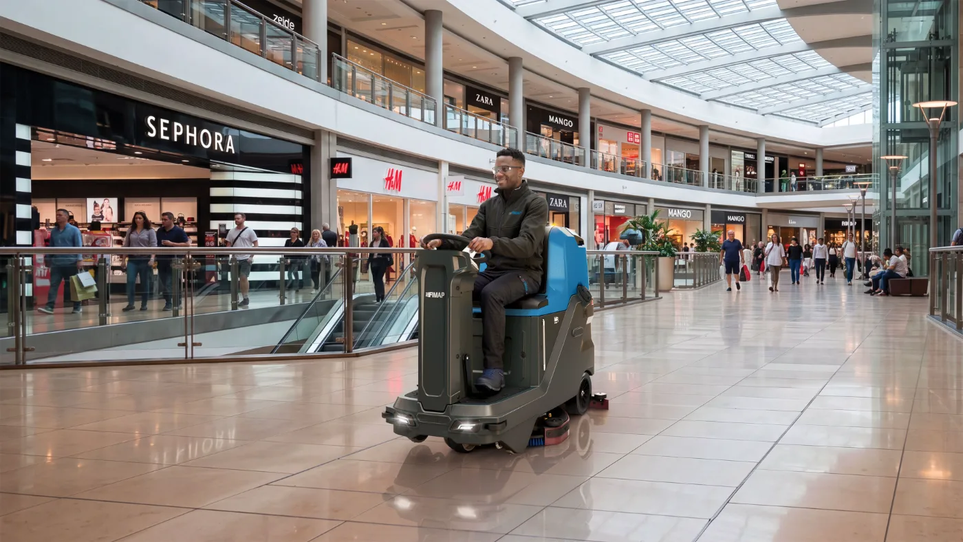 Ride-on scrubber machine cleaning a sealed car park floor